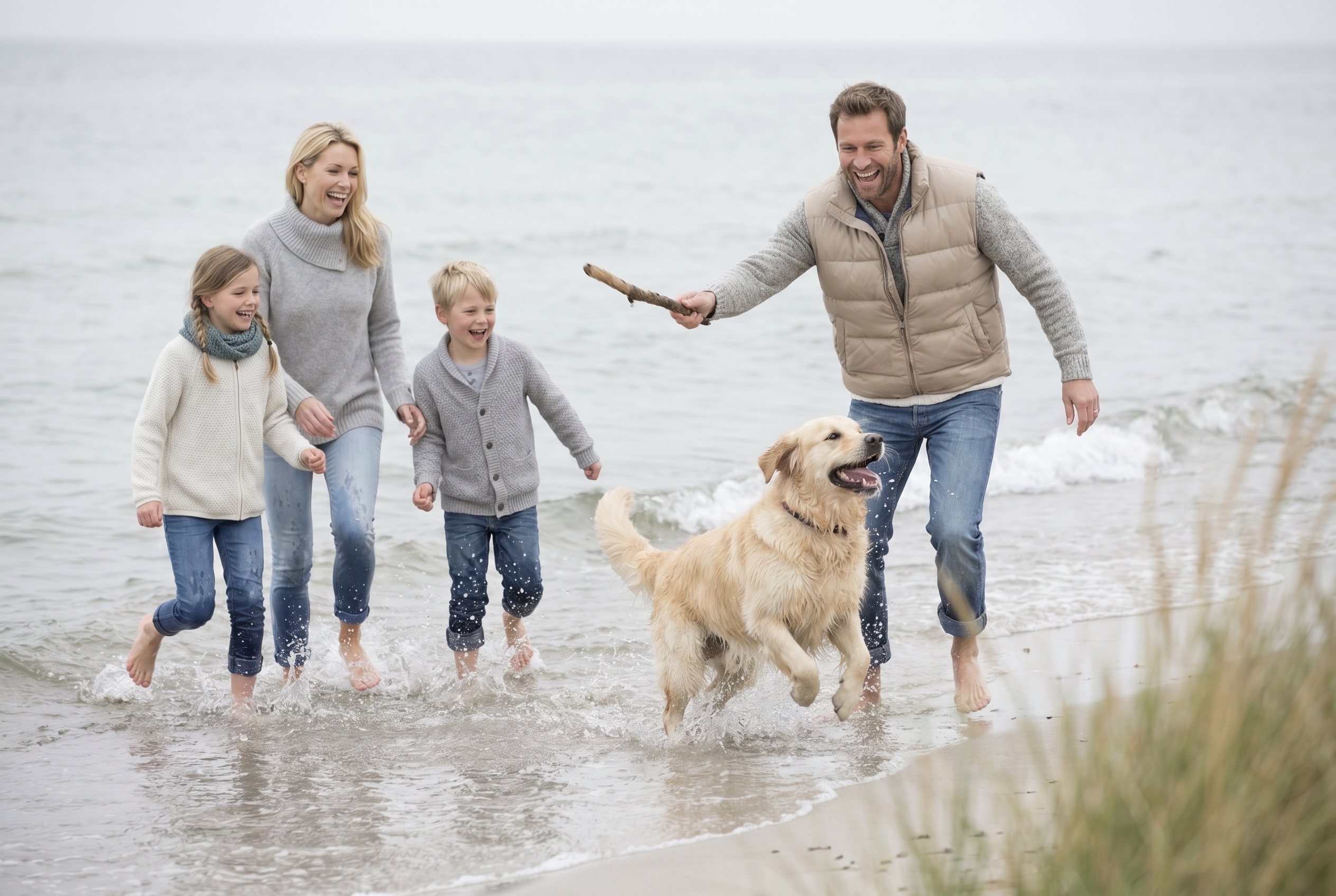 Familie mit Hund genießt den Urlaub am Strand von Großenbrode